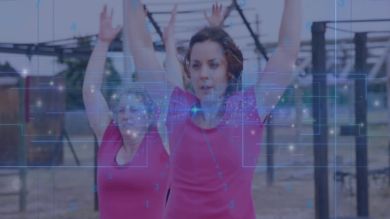Exercising outdoors, women with digital data processing animation overlay visible