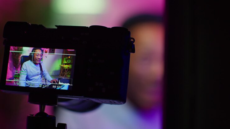 A man is recording a video on a camera with colorful lighting.