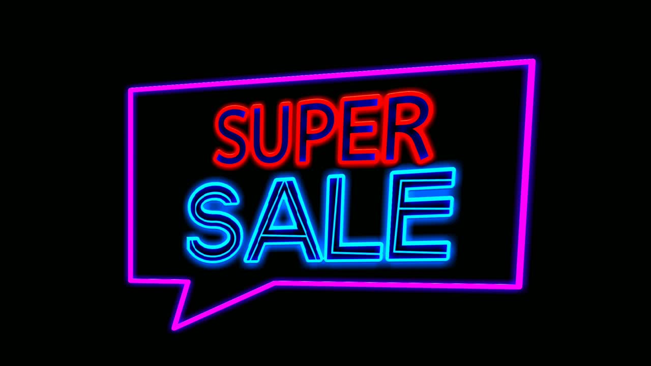 super venta texto luz de neón en la burbuja de habla marco moderno frontera animación gráficos de movimiento en fondo negro