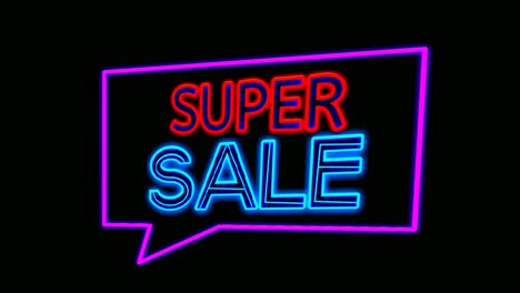 Super-Sale-Text-Neonlicht-In-Sprechblase,-Moderne-Rahmen-Animations-Bewegungsgrafik-Auf-Schwarzem-Hintergrund