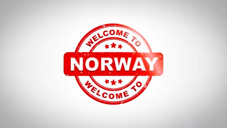 welcome to norway signed stamping text wooden stamp animation. red ink on clean white paper surface background with green matte background included.