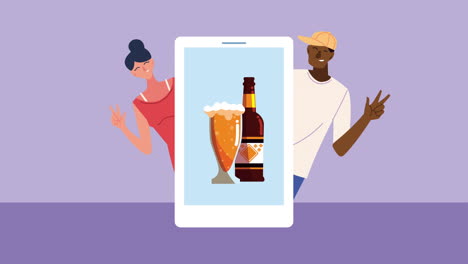 pareja disfrutando de cerveza virtualmente en un teléfono inteligente