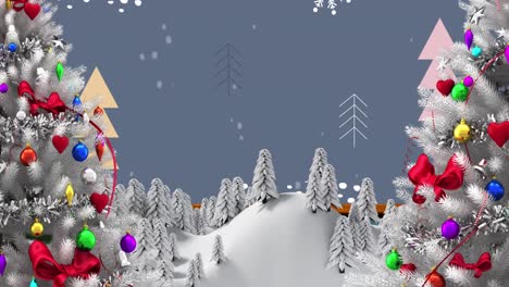 Animation-of-christmas-trees-with-decorations-over-snow-falling-and-winter-landscape