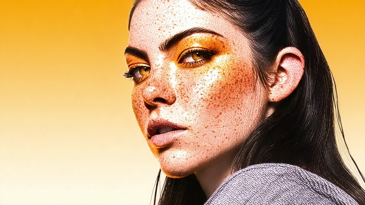 A Captivating Portrait of a Young Woman with Radiant Freckles, Striking Eyes, and a Bold Expression Against a Vivid Orange Background, Showcasing Natural Beauty and Confidence