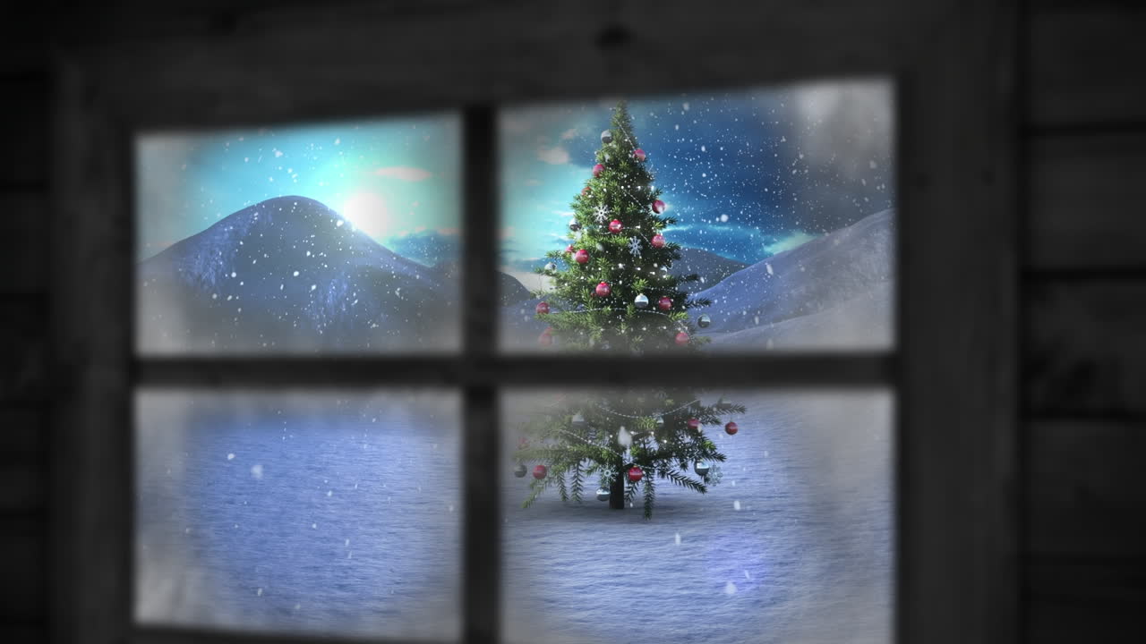 크리스마스 트리 위에 내리는 눈의 애니메이션과 창문을 통해 볼 수 있는 겨울 풍경