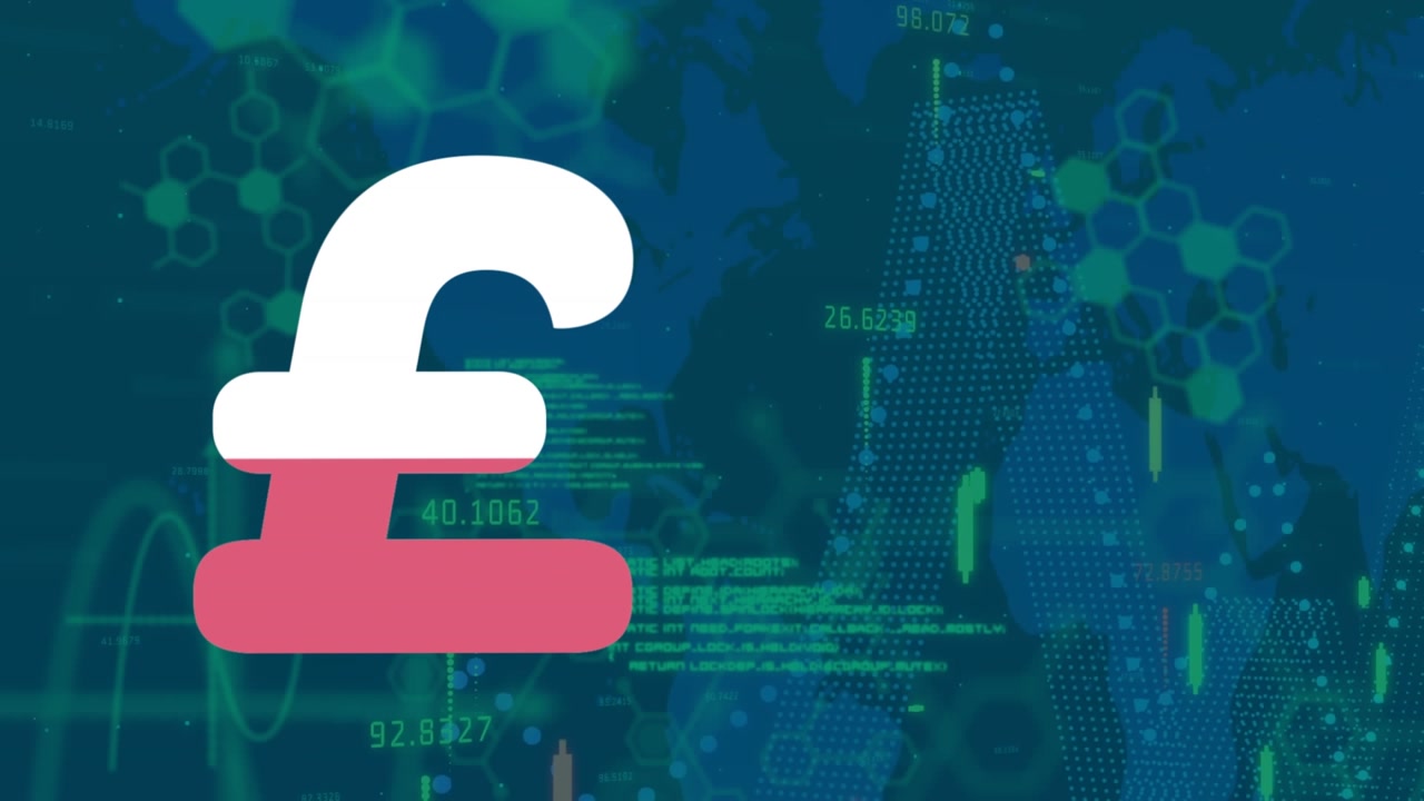 Animation of pound symbol filing up against financial and medical data processing on blue background