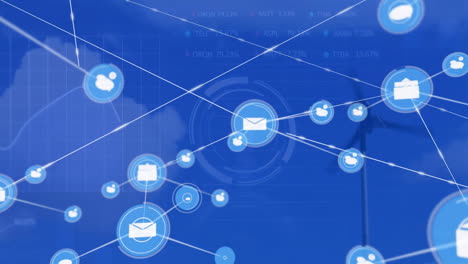 Animation of financial data processing, wind turbine over network of connections with icons