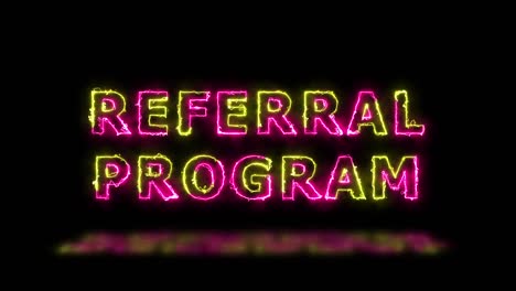 'programa de referencia' líneas de borde de energía rosa y verde animación del título con reflejo en un piso. texto animado de bucle sin costuras simple. tipografía 4k gráfico de movimiento