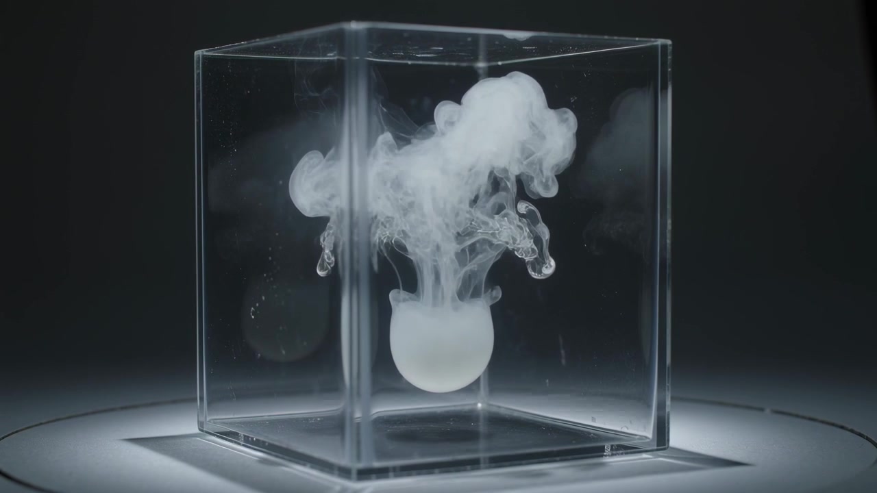 Appearing white droplet forming mushroom plume inside clear cube on lit ring, showing diffusion