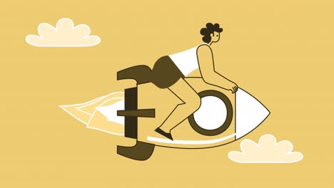 yellow style woman flat character flies forward sitting on rocket. isolated loop animation with alpha matters