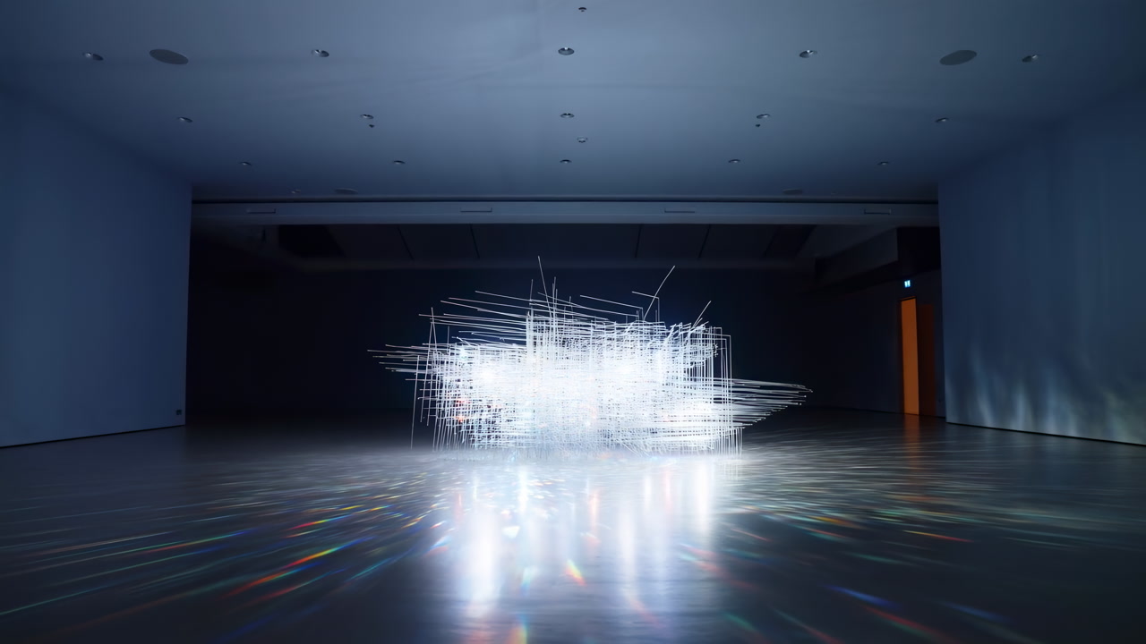 Dark Gallery With Luminous Light Sculpture, Floating LED Grid Forming White Filament Structure And Prism