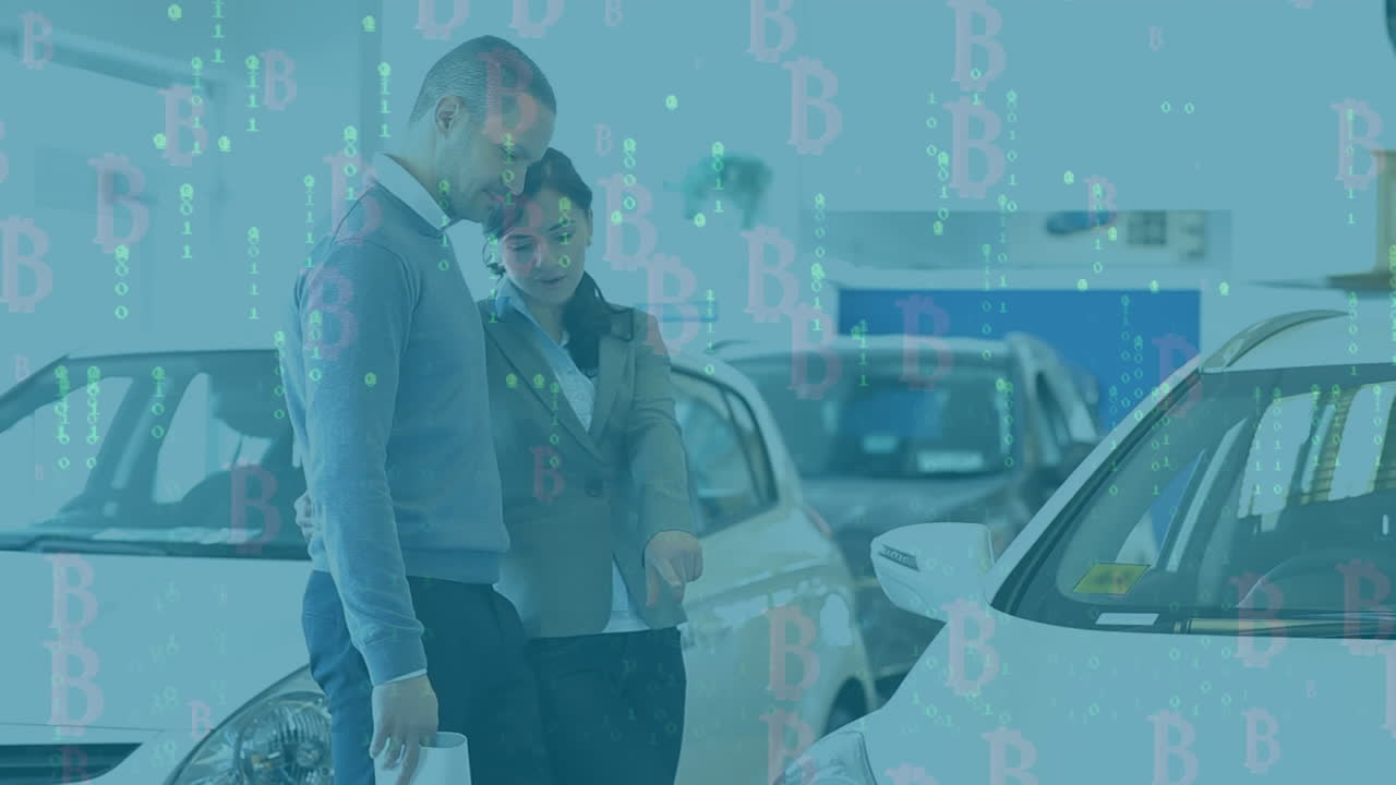 animación de símbolos de bitcoin y procesamiento de datos sobre diversas personas de negocios.