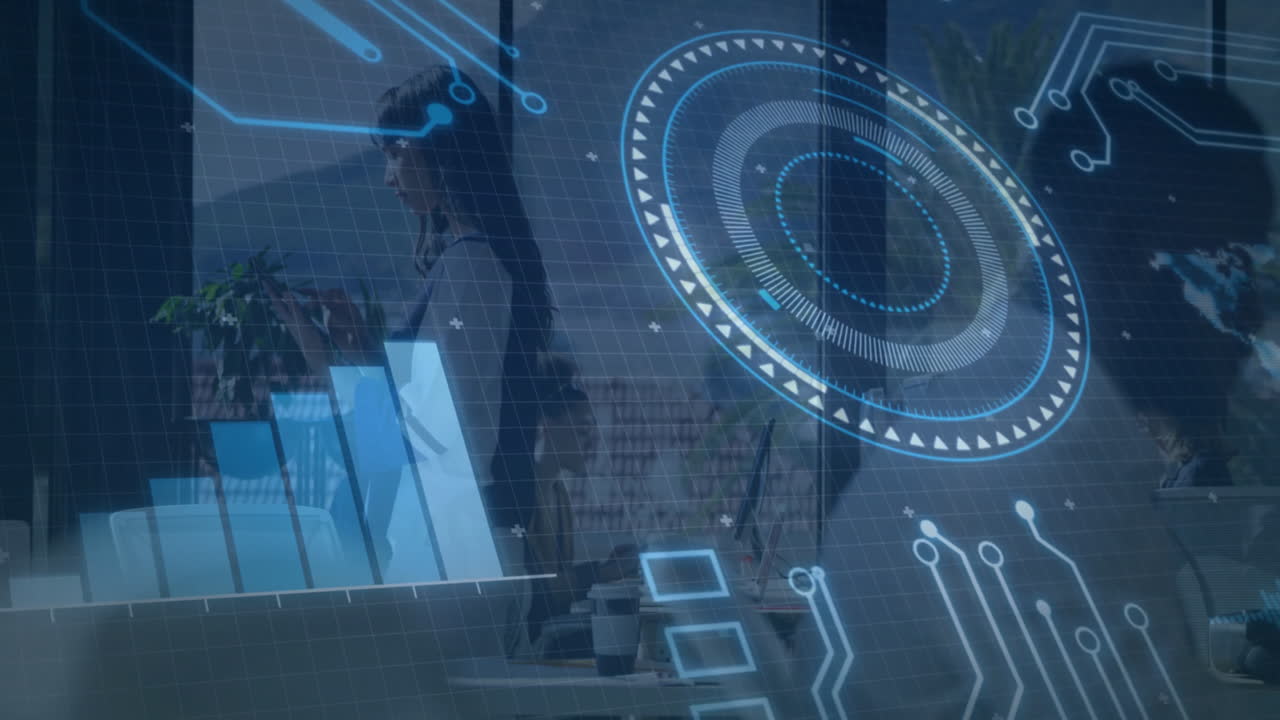 Using tablet, businesswoman analyzing digital data with animation in office