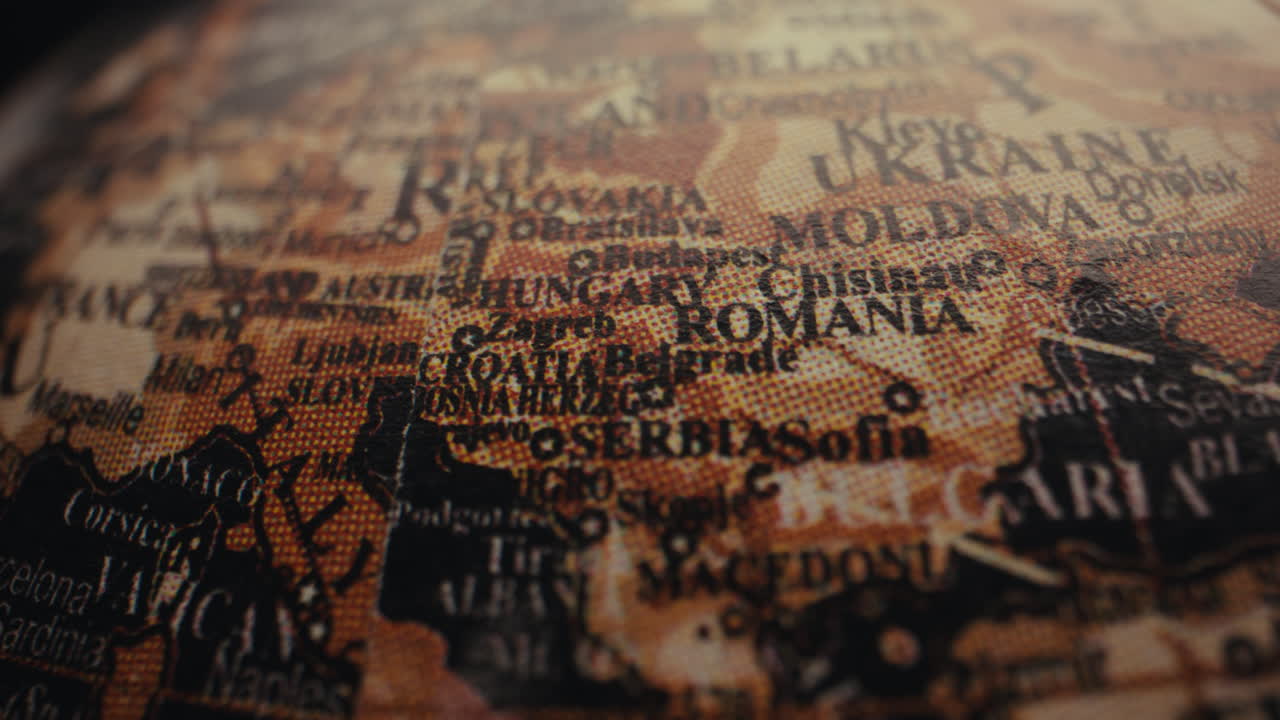 Close-up of a vintage world map, focusing on Eastern Europe