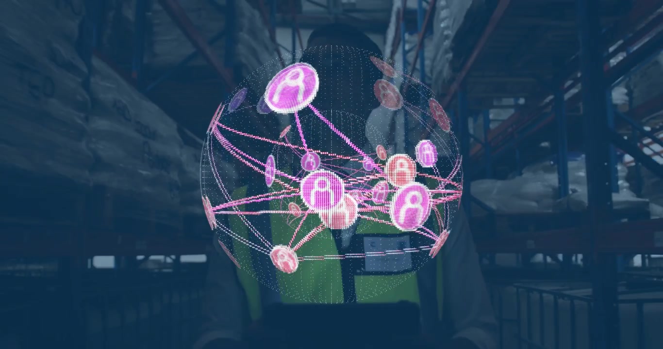 Warehouse worker holding handheld device and projecting hologram network globe for stock tracking
