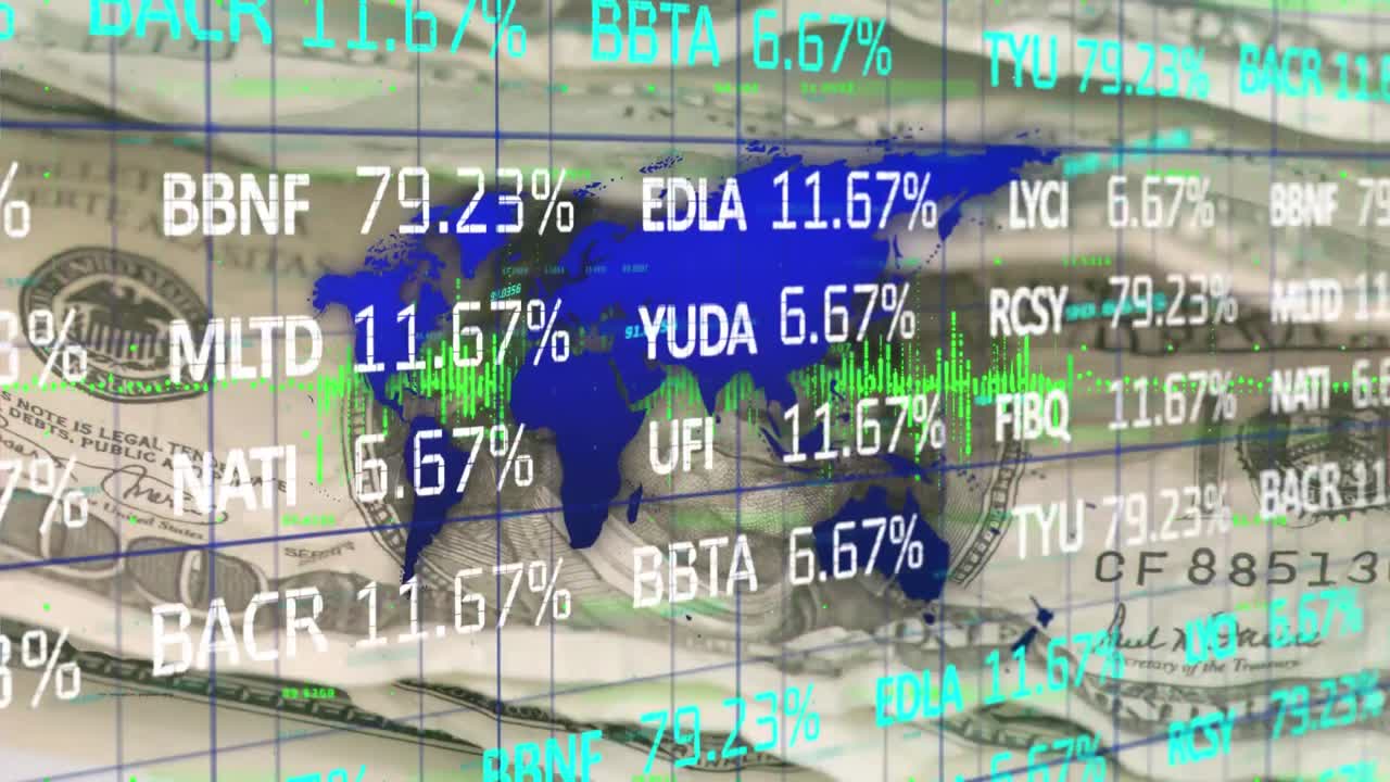 procesamiento de datos del mercado de valores y mapa del mundo contra dólares estadounidenses