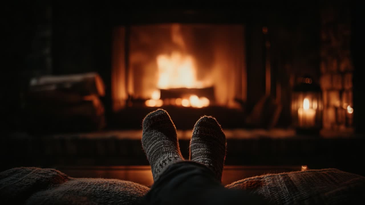 Relaxing by the Warm Fire: A Cozy Scene of Comfort with Softer Lighting and Flickering Flames, Evoking a Sense of Tranquility and Peaceful Relaxation