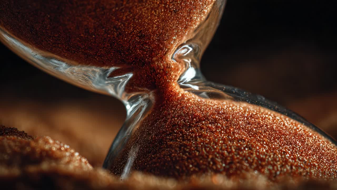 An intricately captured moment of an hourglass, showcasing the mesmerizing flow of sand grains, reminding us of the passage of time and transience in a stunning close-up