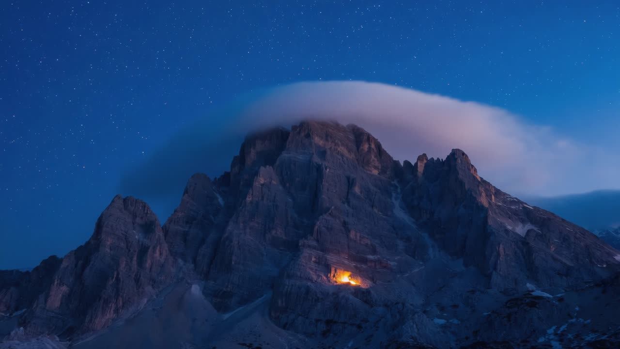 Night Mountain Landscape with Stars and Campfire