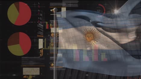 Animation-of-financial-data-and-graphs-over-waving-flag-of-argentina