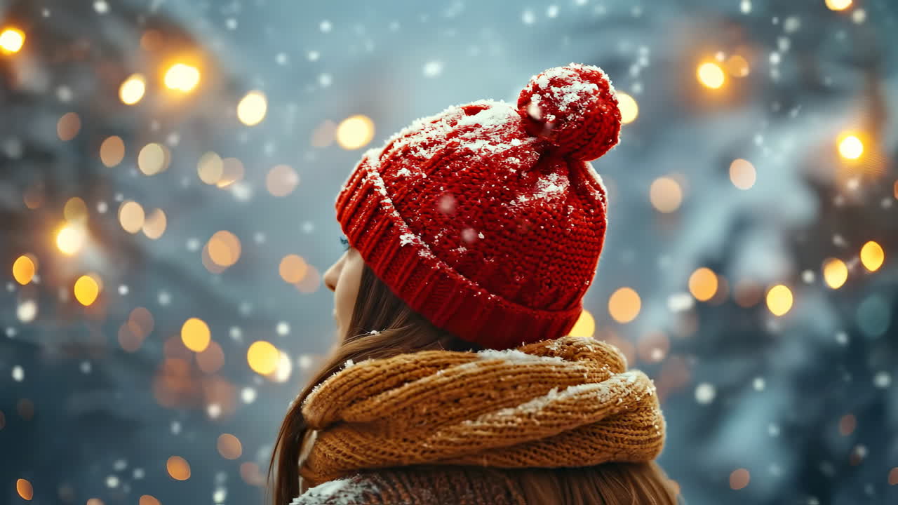 Cozy snowy evening vibes. A person with a red hat and scarf stands in the snow, admiring glowing lights in a snowy landscape during winter