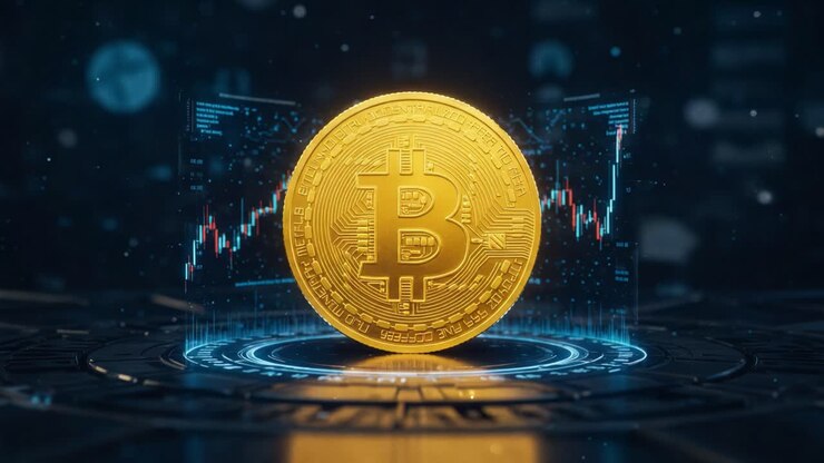 Un Bitcoin dorato mozzafiato circondato da grafici dinamici, che rappresenta l'ascesa della criptovaluta nel valore di mercato e nella popolarità nella finanza digitale.