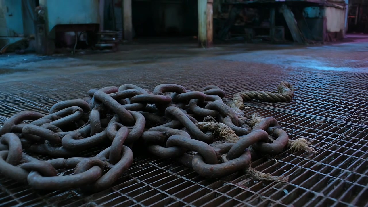 La telecamera si allontana, mostrando una catena arrotolata e una corda sfilacciata che giacciono su un pavimento a griglia di officina, con il bagliore di una pozzanghera.