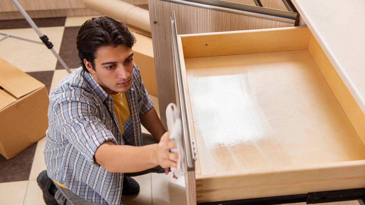 Uomo inginocchiato con una camicia a quadri che si protende per pulire un cassetto di legno a casa con uno straccio dopo aver disimballato.