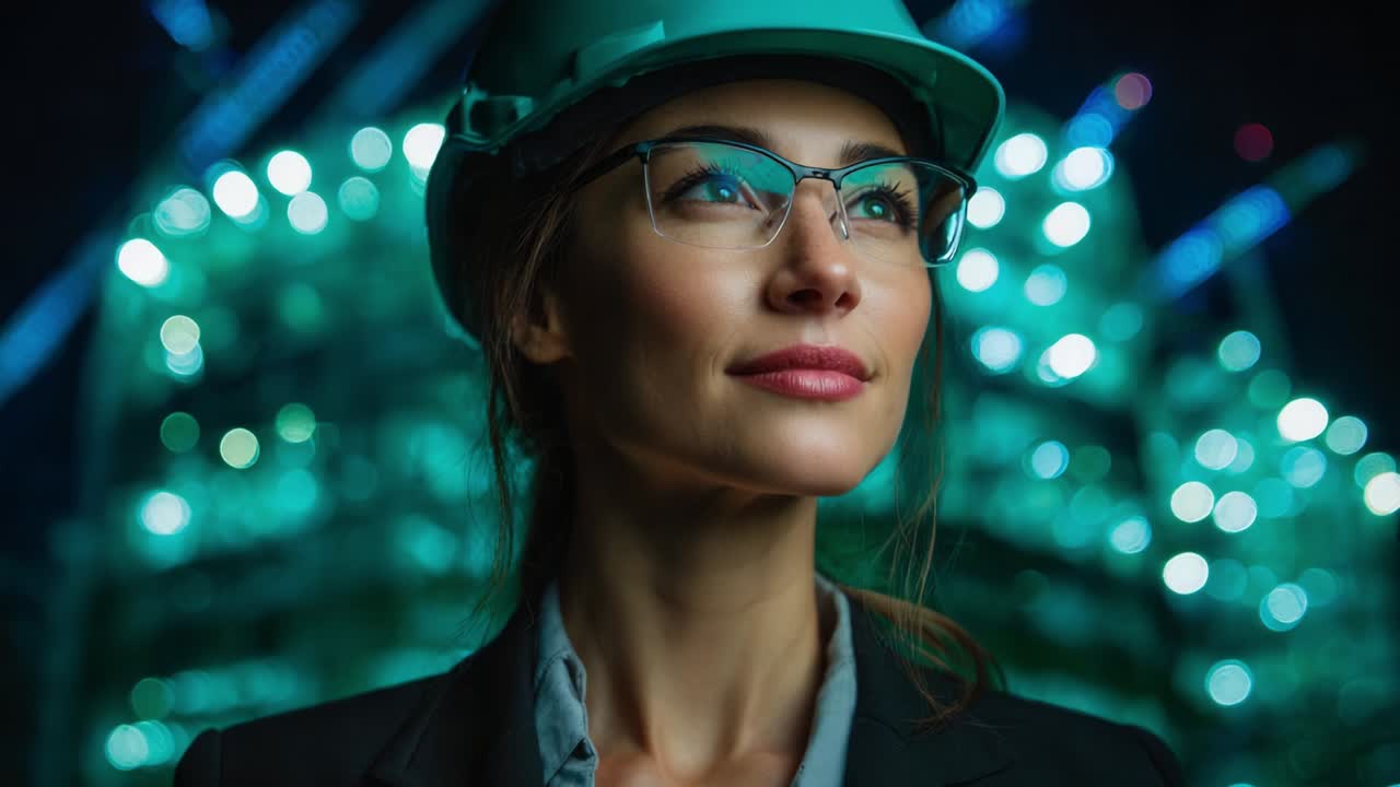 En selvsikker kvindelig ingeniør med grøn hat og briller står klar foran en baggrund af skinnende byggelys og udstråler professionalisme og beslutsomhed inden for ingeniørfaget.