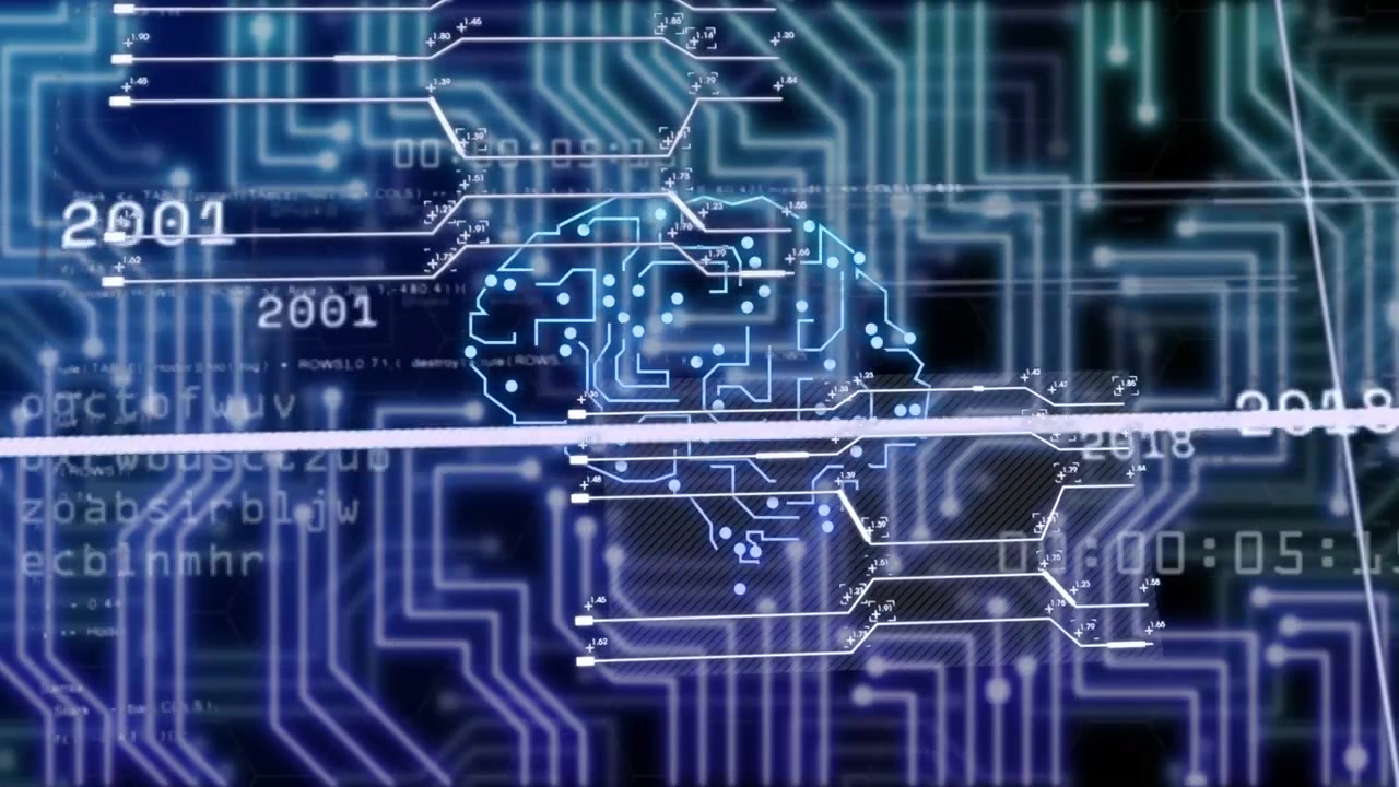 Timeline bar sweeping, brain circuit lighting up, node pulses moving, showing data flow and years
