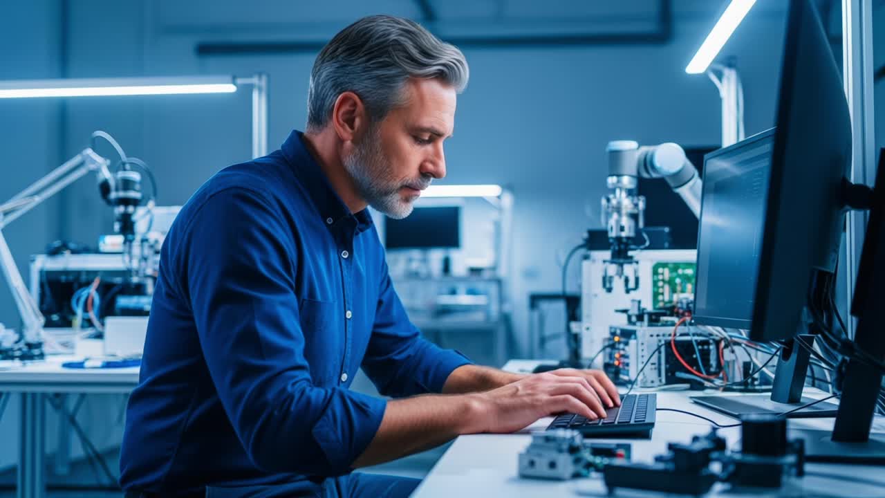 Focused Engineer Analyzing Data on a Computer in a High-Tech Laboratory Filled with Advanced Machinery and Electronics, Symbolizing Innovation and Precision Engineering