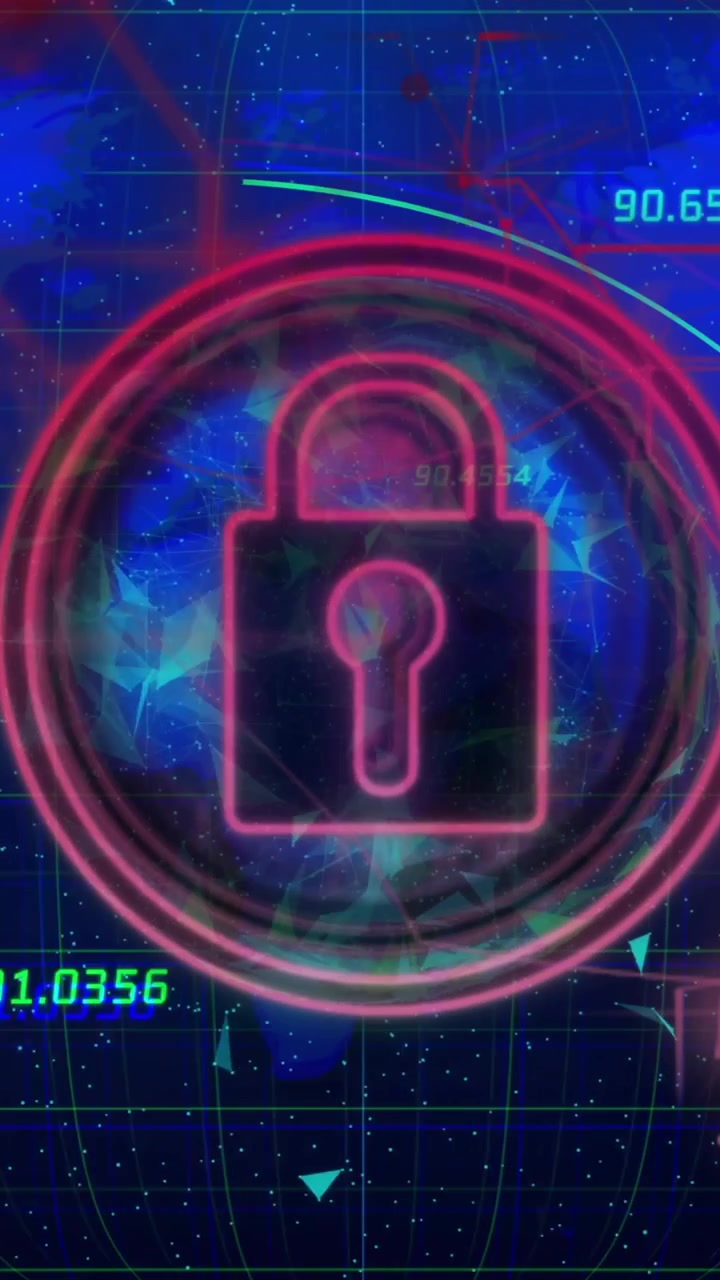 Animation of digital lock icon with global map, numerical data, and network lines