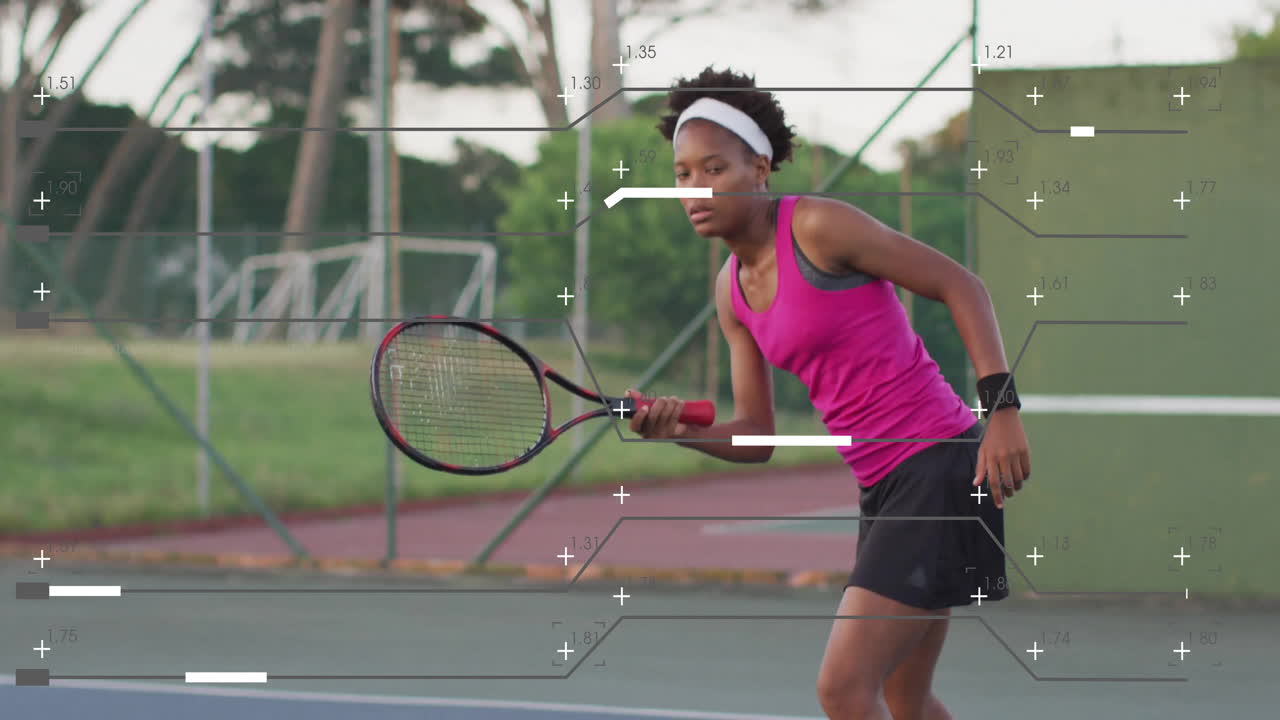 female tennis player leaning on court net holding racket showing floating sports analytics graphic