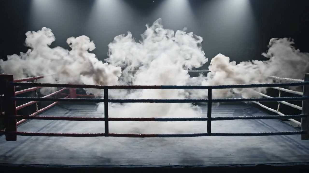 El Dramático Contraste de un Ring de Boxeo: Desde una Arena Brillante y Lista hasta un Escenario Misterioso y Humeante - Un Viaje a Través de la Esencia de los Deportes de Combate