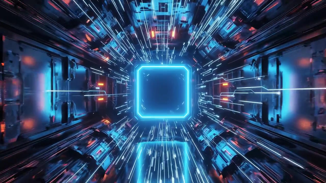 Rask gjennomflyvning gjennom en futuristisk digital datatunnel.