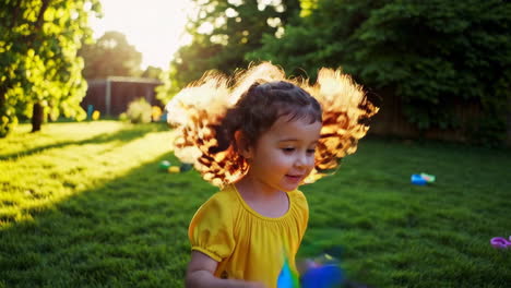 little girl playing with a colorful pinwheel in the backyard