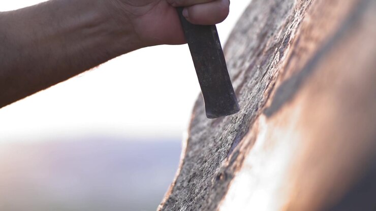 Close-up of a Sculptor Carving Stone with a Chisel