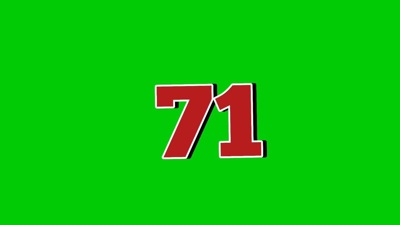Animazione grafica in movimento del simbolo del numero 71 su sfondo a schermo verde in stile cartone animato. Elementi video con effetti di fumo rossi per il numero