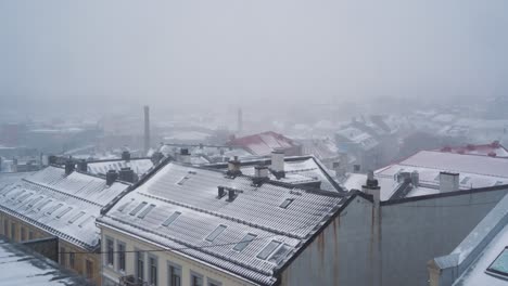 día frío nublado con nieve cayendo sobre los tejados en sankt hanshaugen, oslo