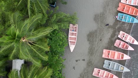 Hermosa-Vista-Descendente-Vertical-Aérea-Sobre-Coloridos-Barcos-En-La-Costa-Del-Palmar-De-Ocoa,-Azua,-República-Dominicana