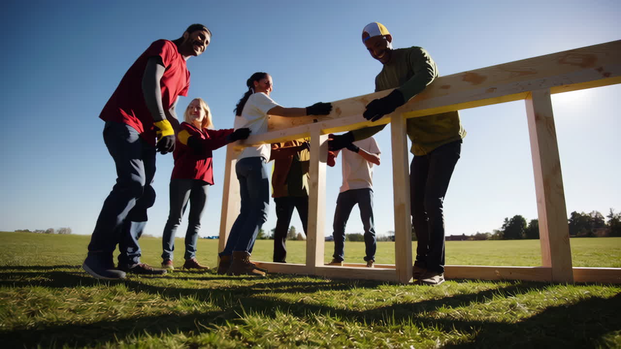 Volunteers Collaborate on Outdoor Wooden Structure Construction