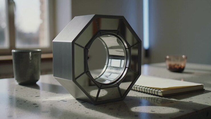 Camera shifting, hollow octagon metal object rotating, revealing inner ring on counter beside mug