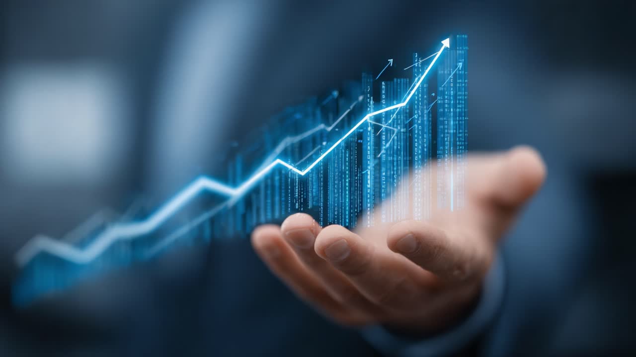 Harnessing Data Visualization: A Professional's Hand Presents an Ascending Graph Displaying Significant Growth Through Innovative Analytics and Technology
