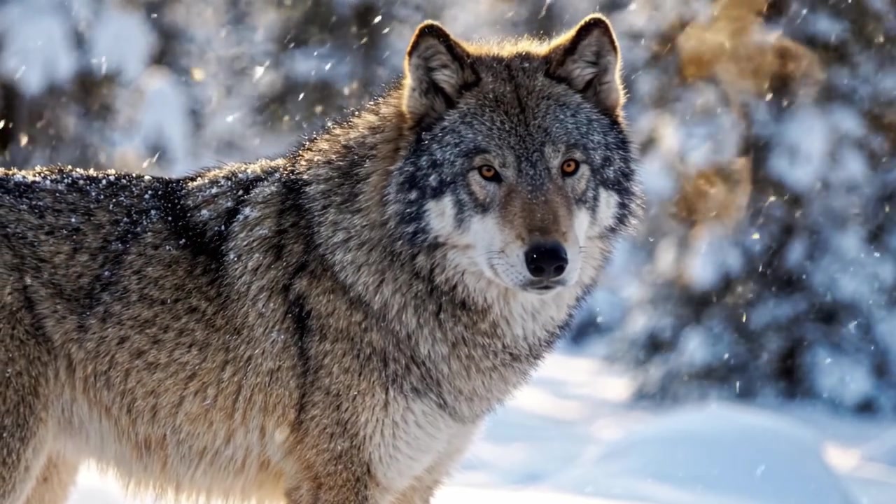 Majestic Wolf Surveying Snowy Landscape Amidst Pine Trees, Capturing the Essence of Nature's Silent Beauty and the Wilderness of Winter