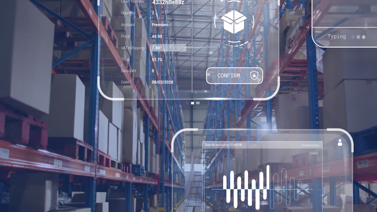 창고 위의 스크린에서 데이터 처리의 애니메이션