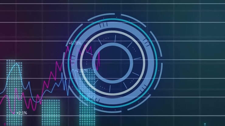 Animation of financial data processing over grid on dark background