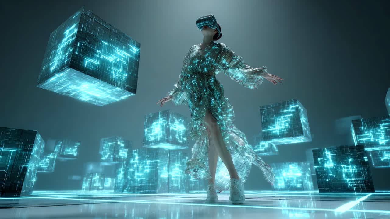 Woman in Virtual Reality Surrounded by Digital Cubes