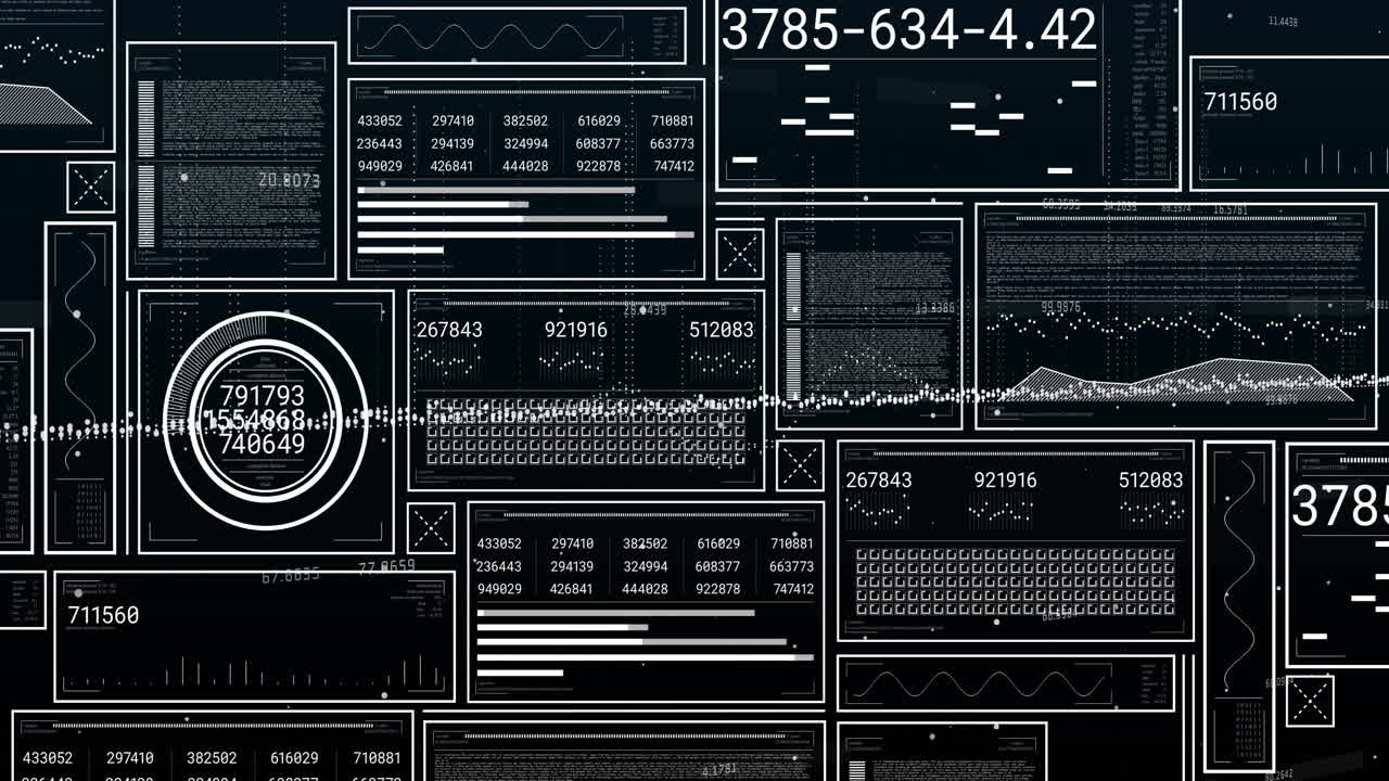 Animation of digital data processing over dark background