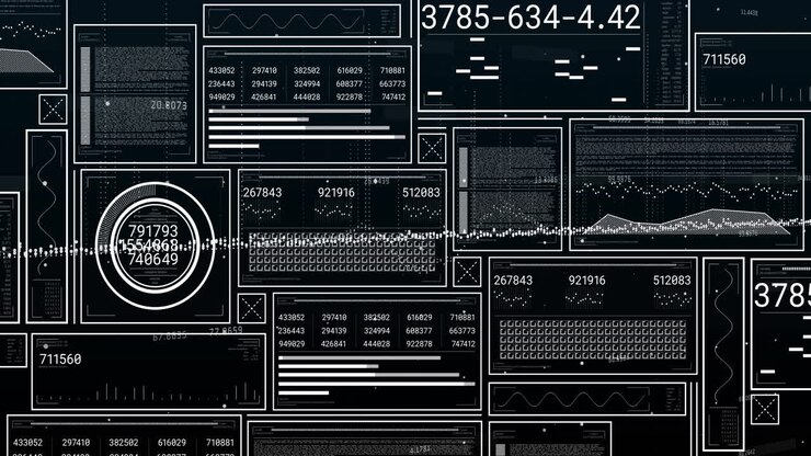 Animation of digital data processing over dark background