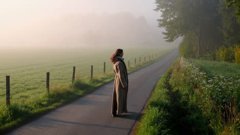 woman walking on a foggy country road